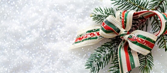 Poster - Festive silk ribbon with white red and green stripes in a bow atop snowy glitter backdrop with fir tree branch Ideal for Christmas messages with copy space image