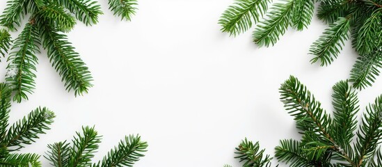 Poster - A Christmas border frame made from real fir branches on a white background with space available for text in the image. with copy space image. Place for adding text or design