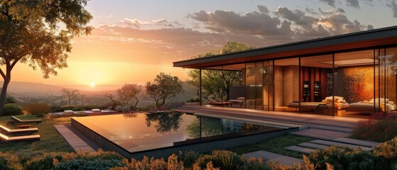 Modern house with a pool and sunset view.