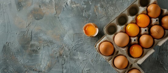 Aufkleber - Top view of raw broken egg and hen eggs in an egg carton with copy space image