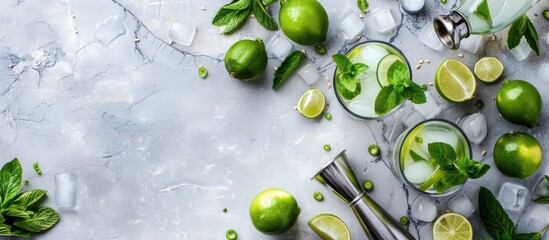 Poster - Flat lay top view showcasing ingredients utensils for making a Mojito cocktail with generous copy space image for your recipe