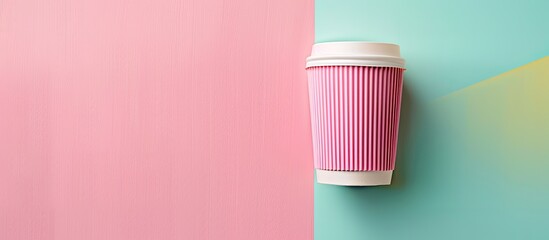 Aufkleber - A pink paper coffee cup on a pastel background with copy space symbolizing a morning wake up concept Top view mockup of a takeaway drink container