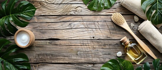 Poster - Wooden background with green leaf providing a tranquil setting for spa and wellness products like a massage brush cosmetic oils and soap Includes a copy space image