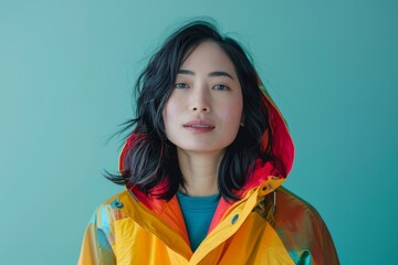 Sticker - Portrait of a glad asian woman in her 20s wearing a vibrant raincoat over minimalist or empty room background