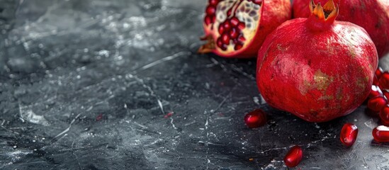 Fototapete - Close up of a ripe pomegranate on a dark marble background with space for text highlighting its health benefits and use in grenadine. with copy space image. Place for adding text or design