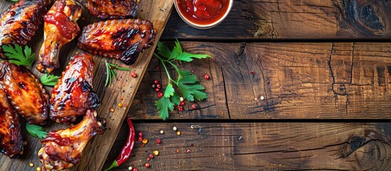 Poster - Barbecue chicken wings on a rustic wooden table with a spacious copy space image