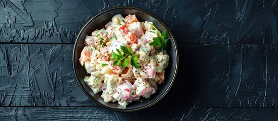 Poster - Top down view of a homemade Olivier salad in a bowl on a black wooden surface Ample copy space available in the image for additional text or graphics