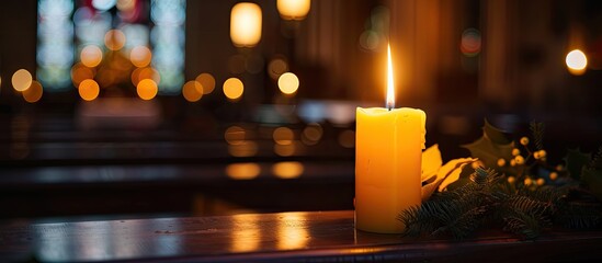 Poster - A solitary candle flame illuminates a large yellow candle against a dark backdrop on a church table set for Christmas funerals or memorials leaving room for a copy space image