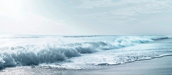 Wall Mural - Beach scene with waves hitting the shore in a picture with blank space for text. with copy space image. Place for adding text or design