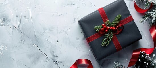 Poster - Dark boxed Christmas gift displayed on a light backdrop with copy space image