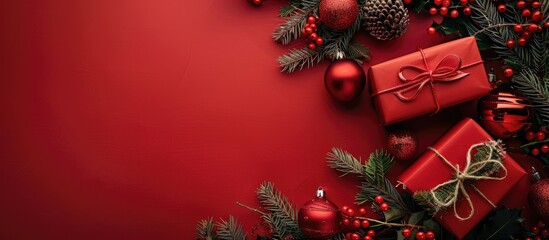 Aufkleber - Festive Christmas gift boxes decorated with fir branches ornaments and viburnum on a red backdrop with copy space image