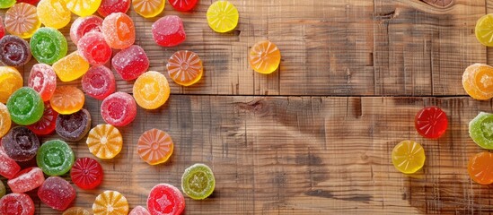 Aufkleber - An appetizing assortment of hard candies displayed on a wooden surface in a flat lay composition with room for text in the image. with copy space image. Place for adding text or design