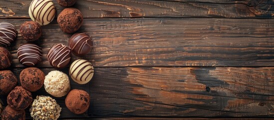 Fototapete - Chocolate truffles displayed on a rustic wooden surface with a blank space for adding images. with copy space image. Place for adding text or design