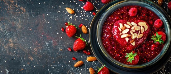 Aufkleber - Valentine s Day breakfast idea Chia pudding with red berry puree almonds and heart shaped strawberry Ample copy space for text