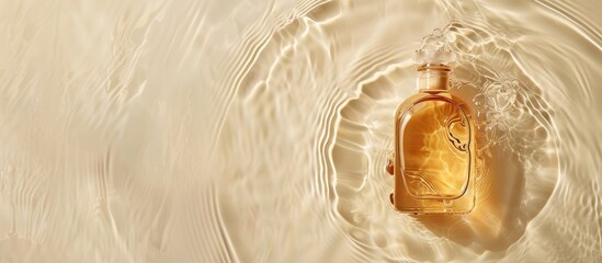 Poster - Top view of a cosmetic oil bottle submerged in water against a beige backdrop with copy space image available