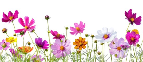 Aufkleber - Vivid cosmos flowers with green stems bloom in a meadow offering a beautiful and colorful display against a white backdrop perfect for a copy space image