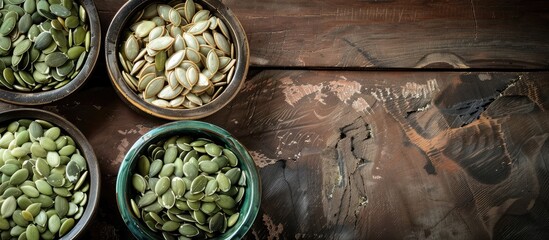 Poster - Close up of pumpkin seeds arranged in vintage dishes on a wooden surface with ample space for adding text on the side in the image