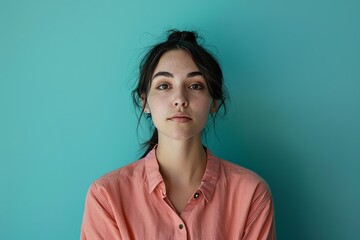 Wall Mural - Portrait of a content woman in her 30s wearing a simple cotton shirt on solid color backdrop