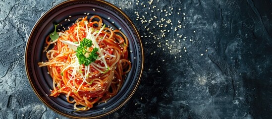 Aufkleber - Bean sprout namul presented as a dish with vibrant colors garnished beautifully for a stunning copy space image