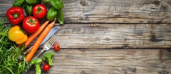 Poster - Eat healthy concept showcased with fresh organic vegetables a fork and a spoon on a wooden surface featuring copy space image
