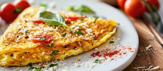 Aufkleber - Close up image of a gourmet omelet garnished with cheese on a white plate with copy space image