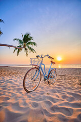 Wall Mural - Retro vintage bicycle with basket on tropical sand island at sunset, vertical photo, screensaver