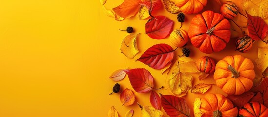 Poster - Close up autumn horizontal photography displaying vibrant tree leaves and pumpkins on a yellow background ideal for fall designs with a copy space image