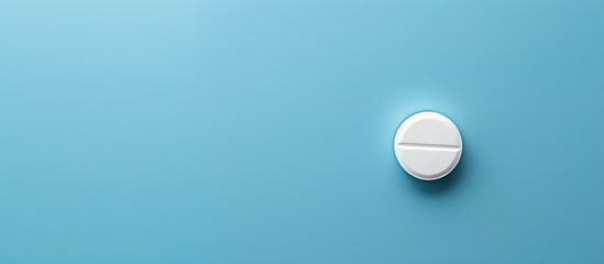 Wall Mural - Healthcare related white circular pill displayed on a blue background with ample copy space image