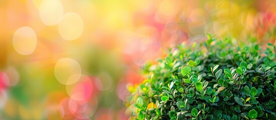Aufkleber - Vibrant green boxwood bush stands out against a colorful blurred background with copy space image illustrating a blend of gardening and agriculture ideas