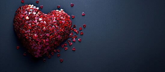 Poster - Valentine s Day themed red heart shaped sugar decoration on black background with copy space image
