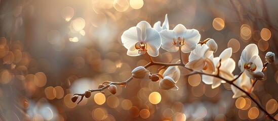 Poster - Close up shot of a white Phalaenopsis orchid branch also called the Moth Orchid with a backdrop of soft brown and grey bokeh focusing on the flower ideal as a copy space image