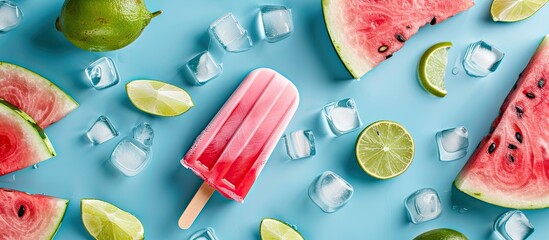 Aufkleber - View from above of a refreshing ice cream popsicle and watermelon with lime and ice cube on a blue surface providing copy space in the image