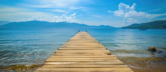 Poster - Wooden boardwalk jetty pier with calm ocean water and mountains in the background as copy space image