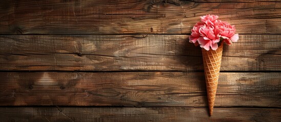 Leinwandbilder - Carnation flower in a waffle cone set against a rustic wooden backdrop with empty space for text or design perfect for a copy space image