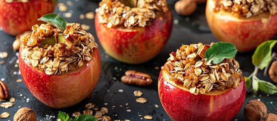 Aufkleber - A copy space image featuring baked apples filled with a mixture of oats and nuts