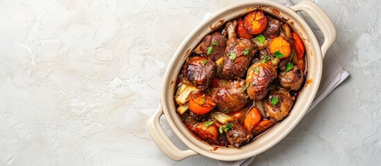 Wall Mural - A dish of cooked chicken livers and vegetables in a baking dish on a light stone surface with text space captured from above. with copy space image. Place for adding text or design