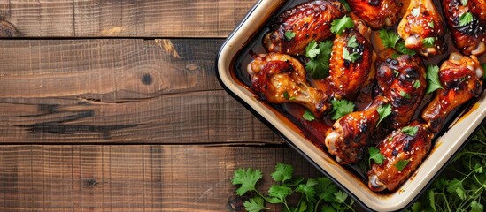 Aufkleber - Top view of Asian style baked chicken wings on a baking dish with copy space image