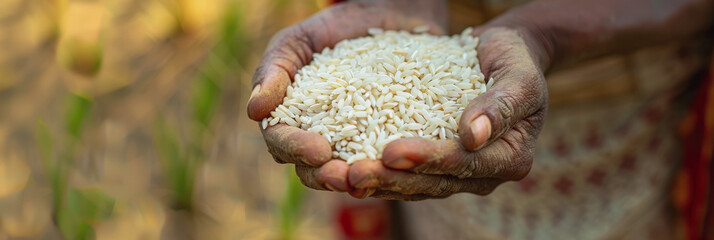 Wall Mural - World Rice Day. rice harvesting. a handful of rice