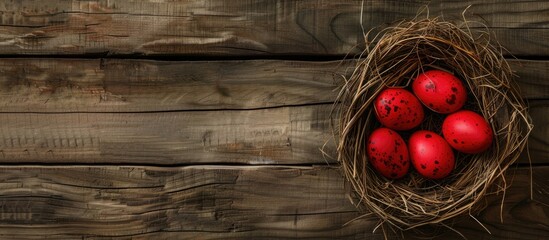 Poster - Straw nest with red eggs ideal for copy space image
