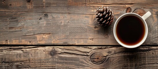 Aufkleber - A rustic themed top down view of coffee with a pine cone on a wooden table featuring ample copy space for an image