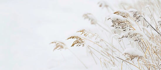 Poster - Blurry dry plant and grass on white snow in winter create an abstract natural background ideal for a copy space image