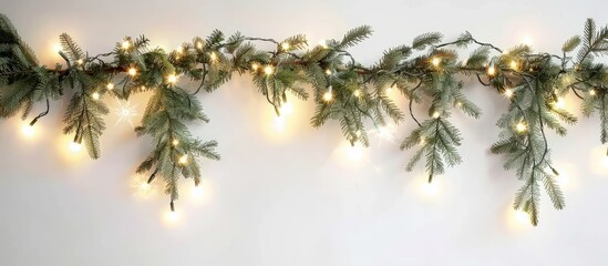 Poster - Eco friendly Christmas decor chic tree of fir branches on a white wall adorned with garland lights perfect for Zero Waste style festive room Merry Christmas and Happy Holidays with copy space image