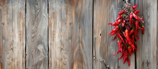Aufkleber - Red chili peppers drying on a wooden wall offering a close up view with a blank space for text in a square copy space image