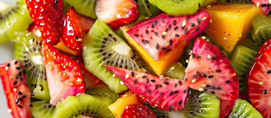 Leinwandbilder - A visually appealing fruit salad featuring pitaya strawberries and kiwi on a backdrop with ample room for additional visuals a copy space image