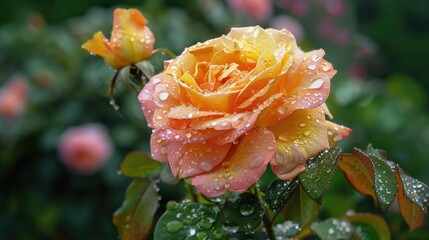 Wall Mural - Large rose bloom adorned with raindrops