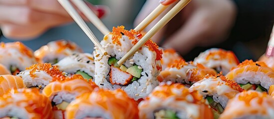Poster - Multiple hands gripping sushi rolls using chopsticks in a close up copy space image