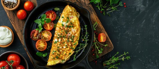 Aufkleber - Top down shot of a breakfast dish comprising salmon omelet in cast iron with sour cream sauce complemented by herbs and tomatoes on a wooden board against a dark table backdrop ideal for copy space i
