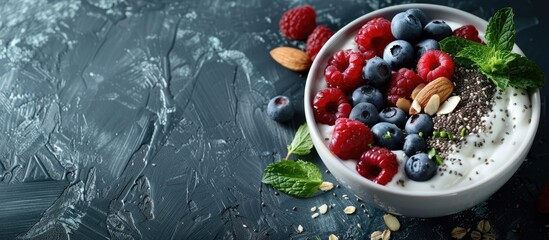 Aufkleber - A nutrient packed yogurt bowl filled with oats berries spirulina chia seeds mint and almonds makes a delicious and healthy breakfast option ideal for showcasing in a copy space image