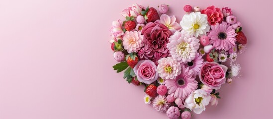 Poster - Top view of a heart shaped arrangement featuring pink and white flowers along with a strawberry set against a pastel pink backdrop creating a festive concept with copy space image