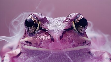 Wall Mural -   A close-up photo of a frog's face emitting steam from its eyes against a pink background